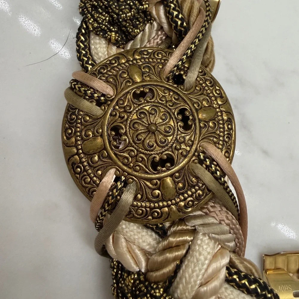 Vintage Braided Rope Statement Belt Gold‎ Medallion Elastic Boho Waist Belt